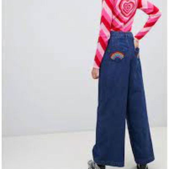Lazy Oaf Denim - LAZY OAF 90'S INSPIRED HIGH RISE WIDE LEG RAINBOW REAR POCKETS PATCH JEANS - 26